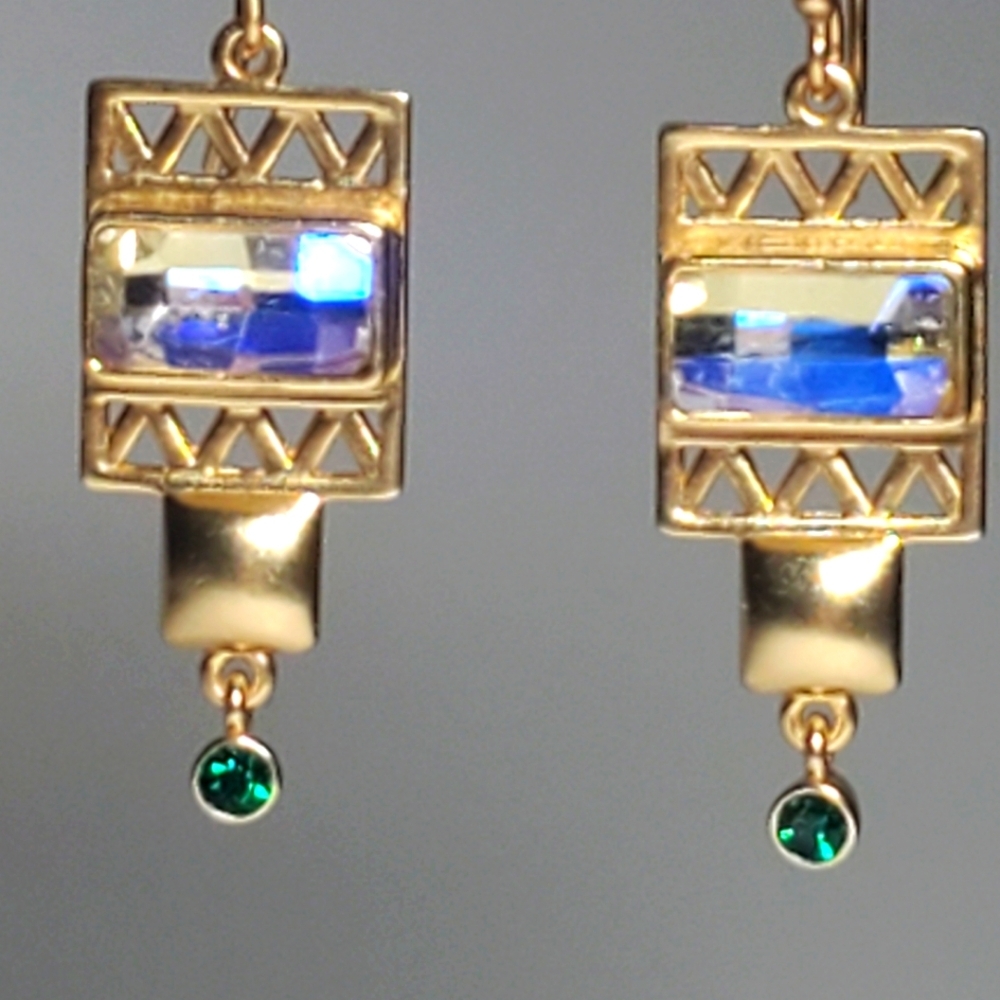 Amrapali 14k Gold Plated Drop Earrings Sky-blue Dark Green Chaton-cut Crystals - Picture 2 of 7